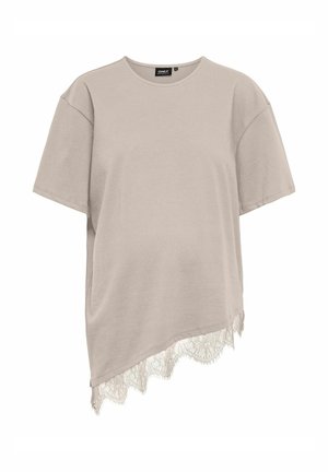 Beige short-sleeve maternity top with round neck and asymmetrical hem featuring lace trim on one side.