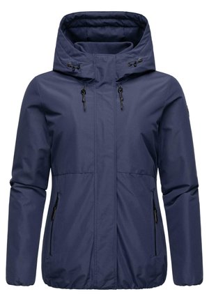 Navy blue waterproof jacket with a hood, zippered front, two side pockets, elastic cuffs, and drawstring adjustments at the hood.