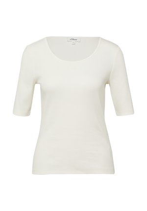 Wit dames-T-shirt met korte mouwen, ronde hals, getailleerde pasvorm en s.Oliver merklabel bij de kraag.
