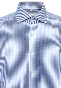 Gestreiftes Hemd mit blauen und weißen vertikalen Streifen, Button-Down-Kragen und weißen Knöpfen. Der Stoff wirkt glatt und leicht.