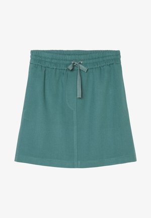 Jupe vert sarcelle longueur genou avec taille élastique et lien devant noué en nœud, fabriquée en tissu doux.