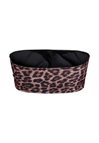 Bandeau con stampa leopardata realizzato in tessuto liscio, con una forma aderente. Interno nero, cuciture visibili e senza dettagli in metallo.