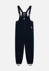 Navy waterproof overalls with adjustable straps, front zipper, and elastic cuffs; features logo accents and a smooth, durable fabric.