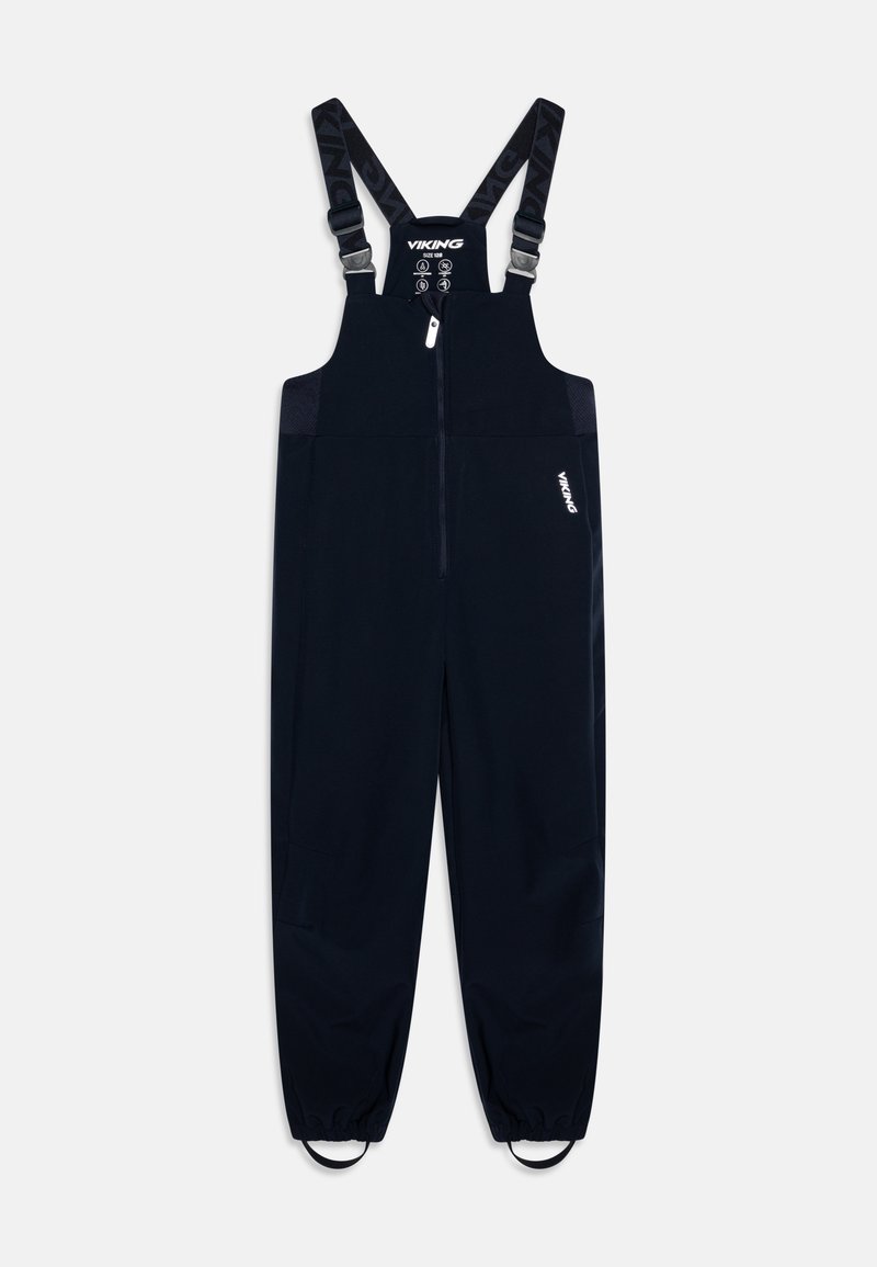 Navy waterproof overalls with adjustable straps, front zipper, and elastic cuffs; features logo accents and a smooth, durable fabric.