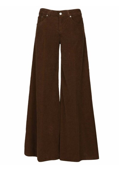 Pantaloni a gamba larga in corduroy marrone con vita alta, tasche frontali e dettagli in metallo. Texture morbida e silhouette fluida.