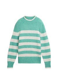 Gestreifter Pullover in Teal- und Weißtönen, Rundhalsausschnitt, lange Ärmel und weiche Textur. Klassisches Design mit einer lockeren Passform.