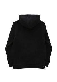 Felpa nera con cappuccio in morbido tessuto, dotata di tasca a marsupio e polsini a costine. Il design è semplice e classico.