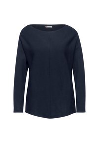 Marineblaue Langarmpullover mit weitem Ausschnitt, glatter Textur und geradem Schnitt. Verfügt über eine mittige Naht, abgerundeten Saum und minimalistische Details.
