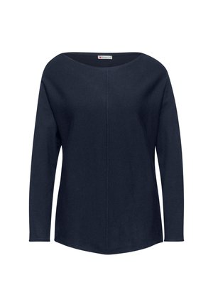 Navy long-sleeve sweater with a wide neckline, smooth texture, and a straight cut. Features a central seam, rounded hem, and minimal detailing.