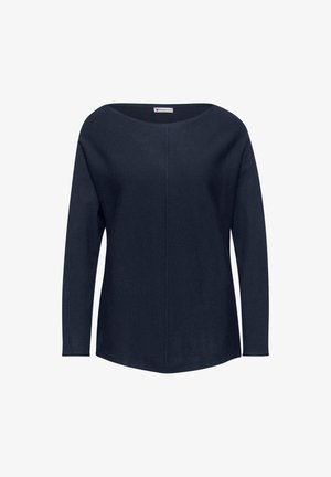 Granatowy sweter z długim rękawem, o szerokim dekolcie, gładkiej fakturze i prostym kroju. Posiada centralny szew, zaokrąglony dół i minimalne zdobienia.