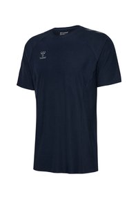 T-shirt navy blue a maniche corte con colletto rotondo, realizzato in tessuto leggero; presenta accenti riflettenti sulle spalle e logo sul petto.