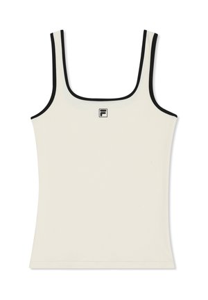 Kremowy prążkowany top na ramiączkach z czarną obwódką na ramiączkach i dekolcie, z małym czarno-białym logo na środku przodu.