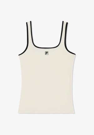 Cremefarbener, gerippter Tanktop mit schwarzem Besatz an den Trägern und am Ausschnitt, mit einem kleinen schwarz-weißen Logo in der Mitte vorne.