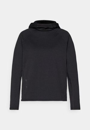 Black long-sleeve hooded top made from smooth fabric, featuring raglan sleeves and contrasting stitching along seams for added detail.