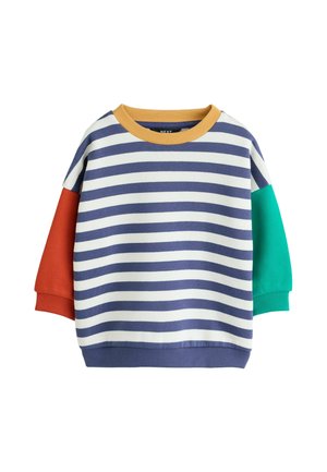 Children's long-sleeve shirt with navy and white horizontal stripes, mustard yellow collar, red left sleeve, and green right sleeve.