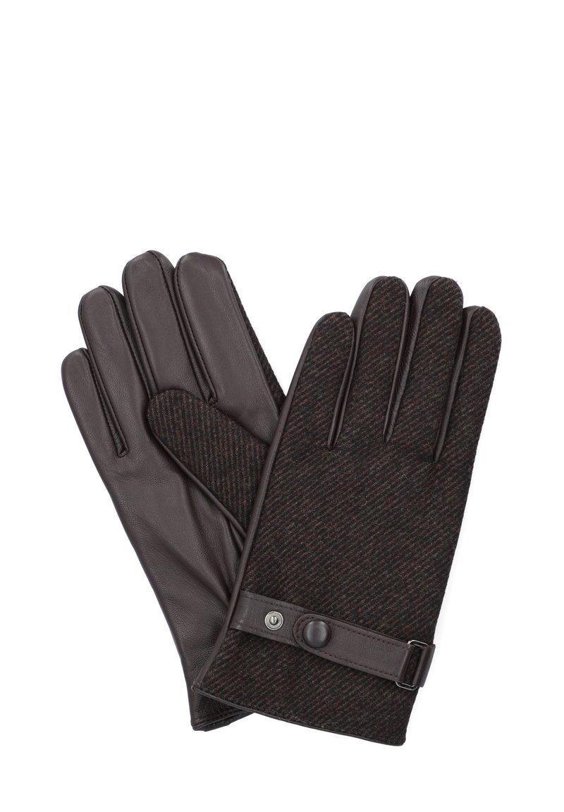 Brązowe i czarne rękawice z skórzaną dłonią oraz teksturowanym, wzorzystym wełnianym tyłem. Zawierają skórzany pasek z zapięciem na zatrzask.