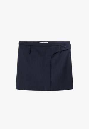 Navy blue pinstriped skirt with a structured design, featuring a side button closure and pockets. Fabric appears smooth and tailored.