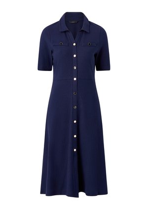 Námořnicky modré šaty s krátkými rukávy, límečkem, zapínáním na knoflíky vpředu a dvěma náprsními kapsami. Vyrobené z texturované látky.