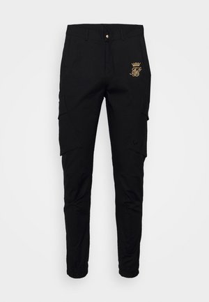 Sorte slim-fit cargobukser med sidelommer, elastiske manchetter, knaplukning og gyldt broderet logo på højre lår.