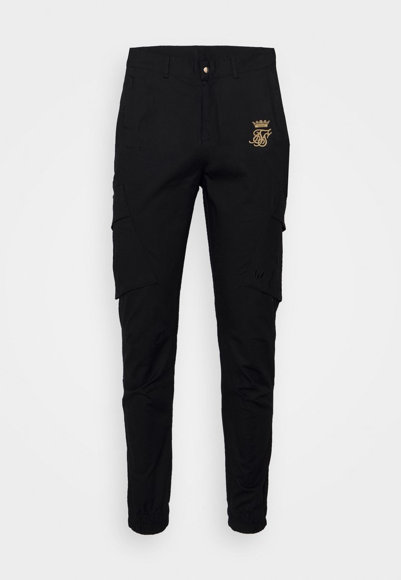 Pantalon cargo noir slim fit avec poches latérales, poignets élastiques, fermeture par bouton et logo brodé doré sur la cuisse droite.