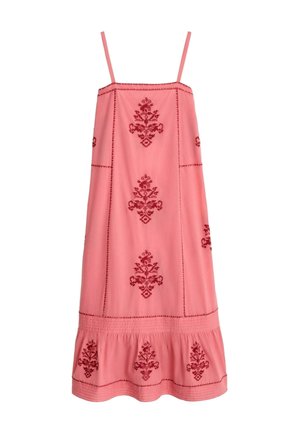 BHOEM, EMBROIDERED MAXI STRAPS DRESS WITH RUFFLED BOTTOM HEM - Vestido informal - pink red