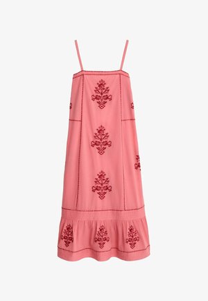 BHOEM, EMBROIDERED MAXI STRAPS DRESS WITH RUFFLED BOTTOM HEM - Jurk - pink red