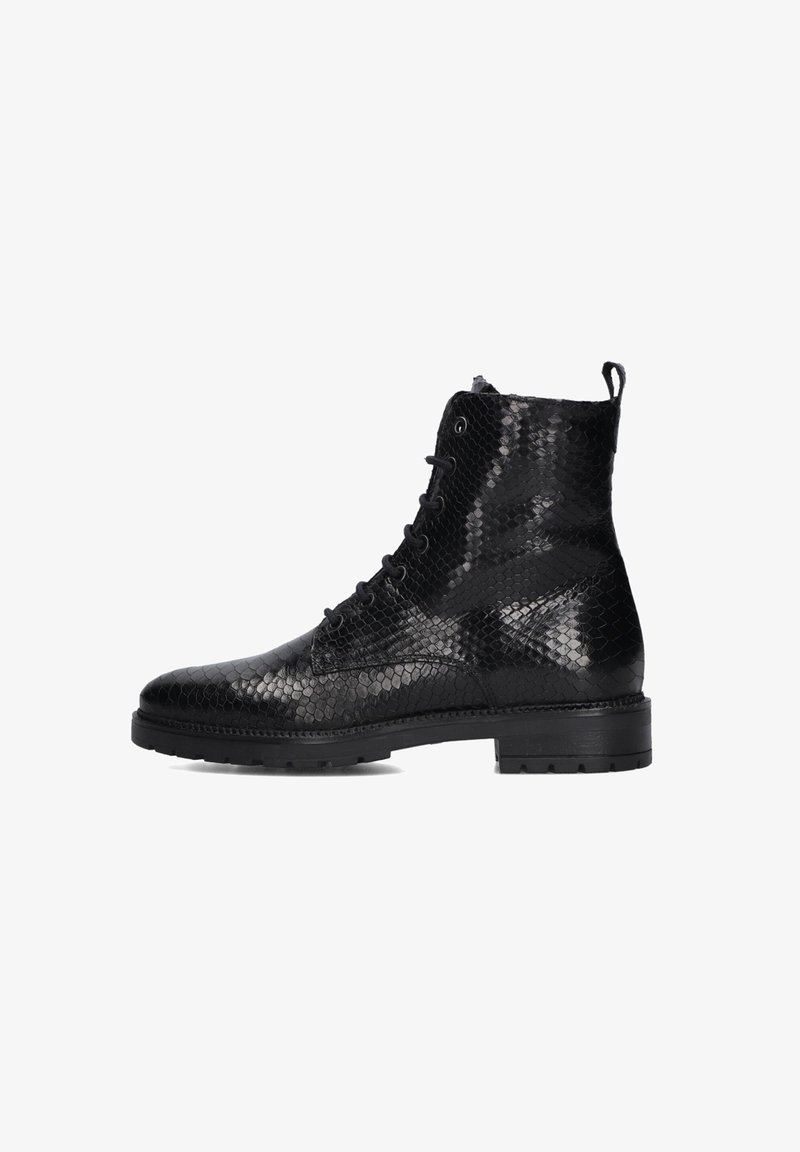 Black ankle boots made of textured faux snake skin. Features lace-up design, round toe, and thick rubber sole for grip.