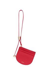 Red leather wallet with a rounded shape, featuring a zip closure, an adjustable strap, and a gold-tone hardware accent.