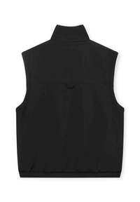 Svart ärmlös väst med hög krage, elastisk nederkant och en knappstängning bak. Slät, matt tyg utan synliga mönster eller detaljer.