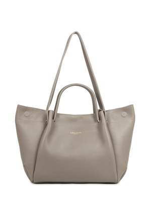Sac fourre-tout en cuir gris avec double poignée, accents en métal doré et finition texturée. Présente un design minimaliste avec un logo de marque.