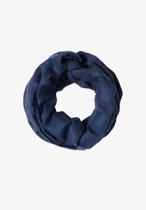Sciarpa infinity blu navy con sottili strisce diagonali, tessuto morbido e leggero, disposta in un anello circolare su sfondo bianco.