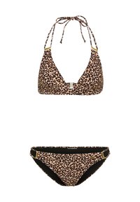 Σετ μπικίνι με λεοπάρ σχέδιο, που περιλαμβάνει τοπ με τριγωνικό σχήμα, δεσίματα στον λαιμό και μεταλλικές λεπτομέρειες, συνοδευόμενο από κάτω μέρος με το ίδιο σχέδιο και μαύρη επένδυση.