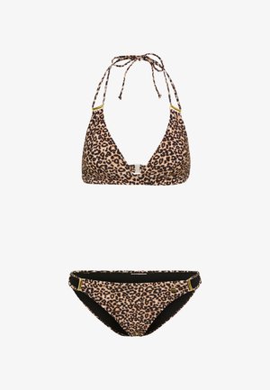 Leopard print bikini set featuring a triangle top with neck ties and metal accents, paired with matching bottoms and black lining.
