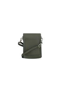 Borsa a tracolla verde in pelle con finitura testurizzata, dotata di una tasca frontale e tracolla regolabile. Forma rettangolare, design minimalista.