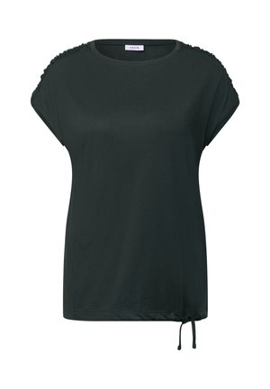 Top nero a maniche corte con scollatura rotonda, dettagli arricciati sulle spalle e un cordoncino sull'orlo per una vestibilità regolabile.