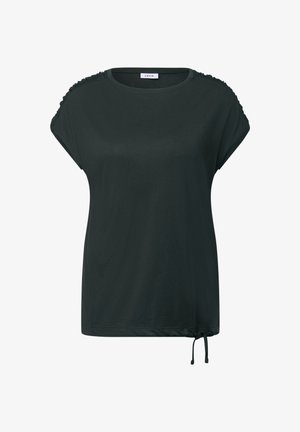 Schwarz kurzärmliges Oberteil mit Rundhalsausschnitt, gerafften Details an den Schultern und einem Kordelzug am Saum für eine anpassbare Passform.