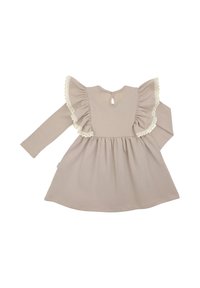 Sukienka z długim rękawem z miękkiej beżowej bawełny z falbankami na ramionach, koronkową lamówką oraz zapięciem z tyłu na guziki. Rozkloszowany fason spódnicy.