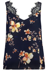 Blommig linne i marinblått med spetsdetaljer. Har gula och persikofärgade blommor på ett slätt tyg, V-ringning och känsliga blommönster.