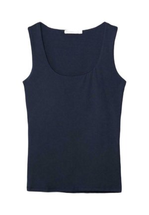 ærmeløs mørkeblå tanktop med rund halsudskæring, lavet af blødt, elastisk stof, lagt fladt på en hvid baggrund.