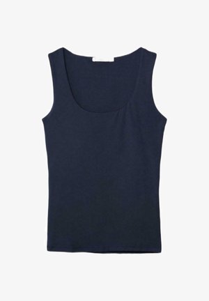 ærmeløs mørkeblå tanktop med rund halsudskæring, lavet af blødt, elastisk stof, lagt fladt på en hvid baggrund.