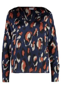 Långärmad blus i marinblått tyg med leopardmönster i orange, kräm och svart. V-ringad design med manschetterade ärmar.