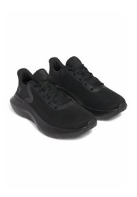 Black athletic sneakers with mesh upper, cushioned soles, round toes, and textured accents on the sides. Laces and branding in sleek design.
