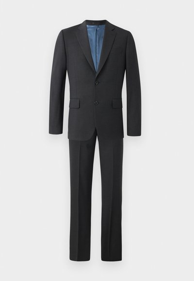 Dark gray tailored suit with two buttons, notch lapels, and side pockets. Features a blue lining visible at the open jacket.