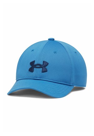 Blue baseball cap with curved brim featuring a dark Under Armour logo on the front panel against a white background.