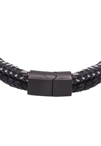 Bracciale in pelle intrecciata nera con una chiusura nera elegante. Il design presenta trame intrecciate e una chiusura piatta sicura.