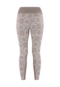 Gemusterte Leggings in hellem Taupe mit einem strukturierten, breiten Bund. Sie verfügen über geometrische Designs in dunklerem Taupe und subtilen roten Akzenten.