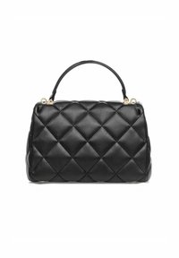 Czarna pikowana skórzana torebka o strukturalnym kształcie, z górnym uchwytem i złotymi akcentami.