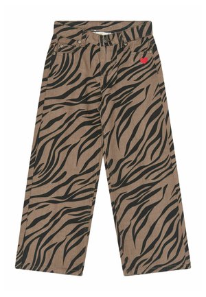 Braune Hose mit weitem Bein, schwarzen Tigerstreifen und einem kleinen roten Herzdetail nahe der vorderen Tasche, mit Knopf- und Reißverschluss.