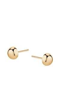 Złote kolczyki w kształcie sferycznym o wypolerowanej powierzchni. Posiadają sztyft z bezpiecznym zapięciem do noszenia.