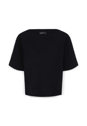 Top nero a maniche corte in maglia con scollatura rotonda. Il tessuto appare morbido con una texture liscia, presentando una silhouette rilassata e ampia.